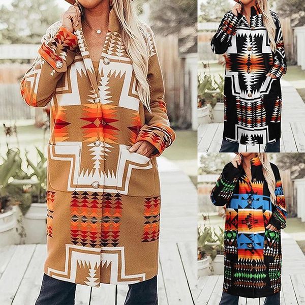 

2021 women jassen winter warm long mouw color block retro flower print jas women's clothing street wear, Black;brown