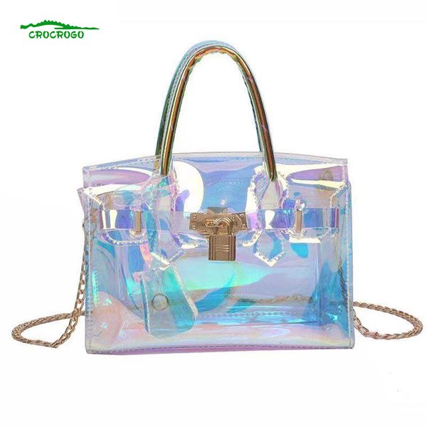 Borsa a mano a tracolla Borsa da spiaggia con catena in metallo con tracolla olografica in gelatina trasparente alla moda da donna