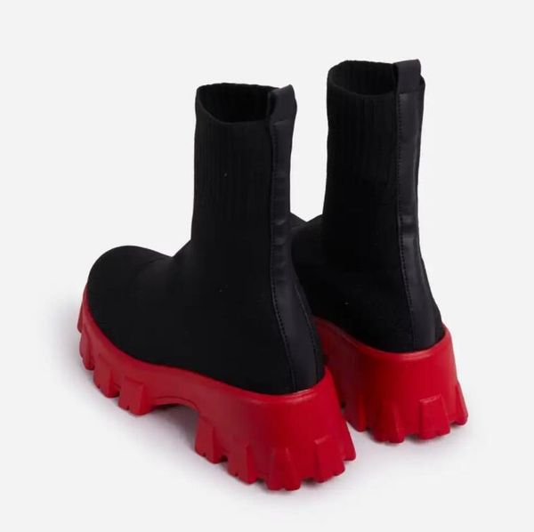 

women round head and ankle martens knitted boots thick sole medium heel fly knit socks shoes, Black