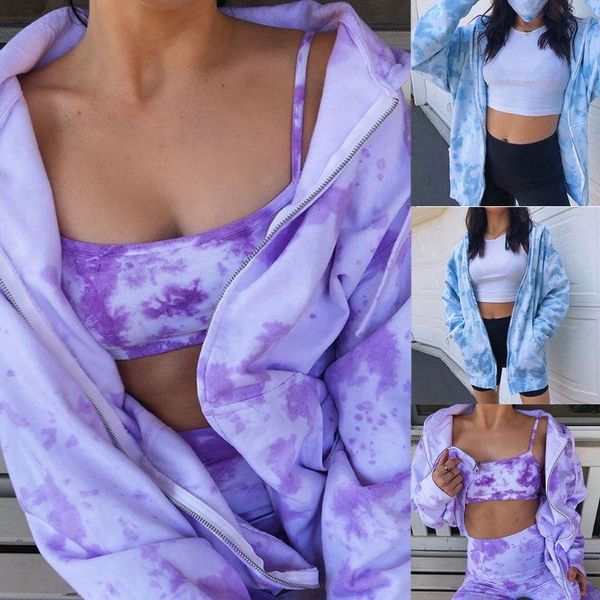 

women's hoodies & sweatshirts womens winter long sleeve full zip up gradient tie-dye print drawstring oversized loose tunic jacket coat, Black