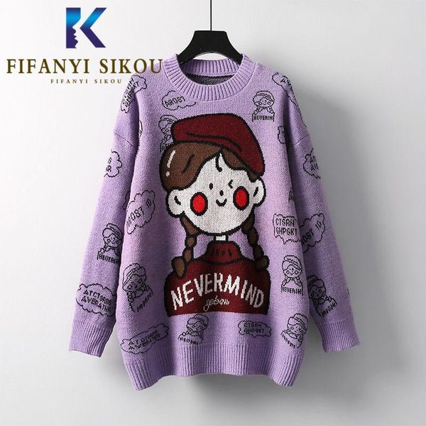 

women's sweaters autumn winter warm knitted sweater women o-neck long sleeve loose pullover female fashion cartoon knit jumpers, White;black