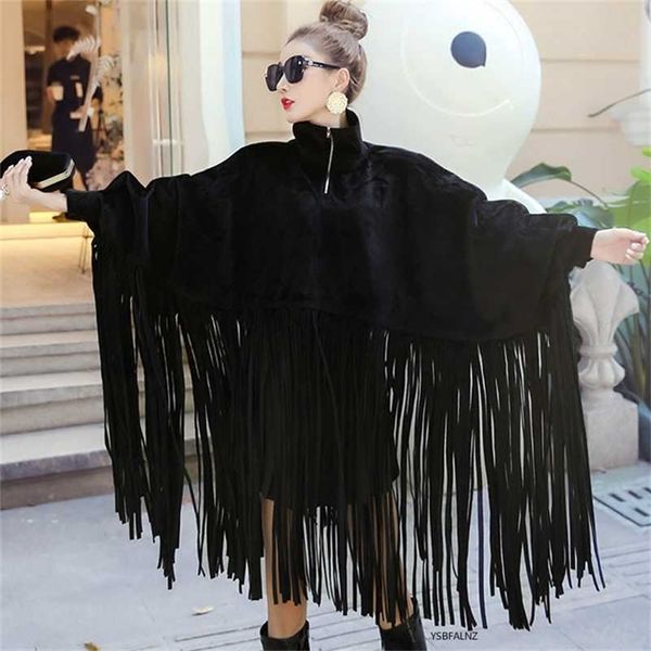 Frühling Herbst Schwarze Jacke Frauen Lose Quasten Rollkragen Langarm Frauen Cape Mantel Frauen Mode Plus Größe Ponchos 211112