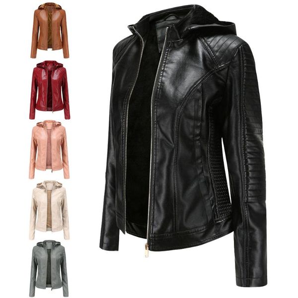 

women's leather & faux plus size velvet plush hooded short jacket warm casual autumn and winter fashion, Black