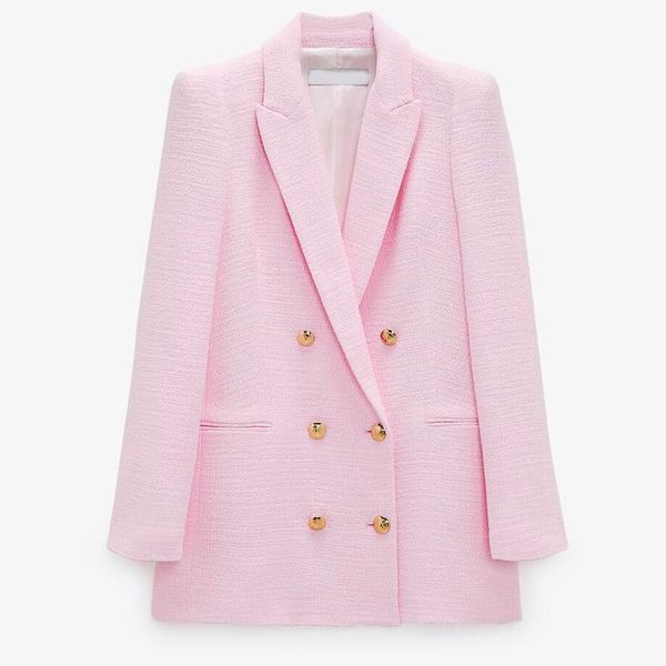 

women's suits & blazers 2021 spring autumn women fashion vintage pink tweed blazer coat chic pockets suit jacket female office outerwea, White;black