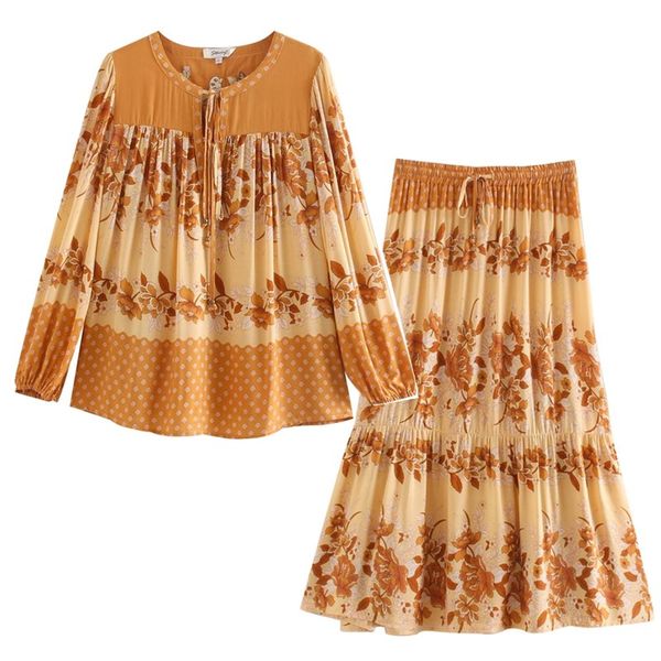 

2021 bohemian pink floral print shirt holiday women high elastic waist mid-calf skirts long sleeve cardigan blouse 2 pieces set, Red