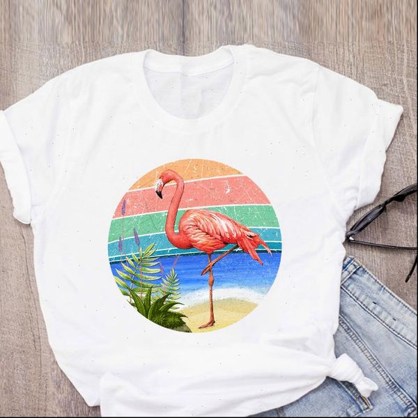 

new t shirt women cartoon animal flamingo printed summer fashion short sleeve tees o neck couple t shirt, White