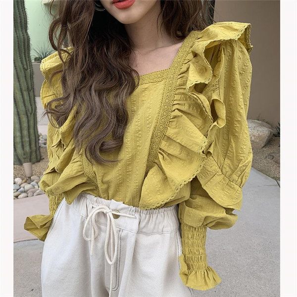 

chic all match vintage stylish cute square collar women lantern sleeved autumn sweet office lady streetwear shirts, White