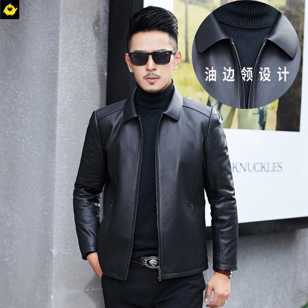 

men's leather & faux sheep jacket middle aged haining coat short lapel sheepskin cotton, Black