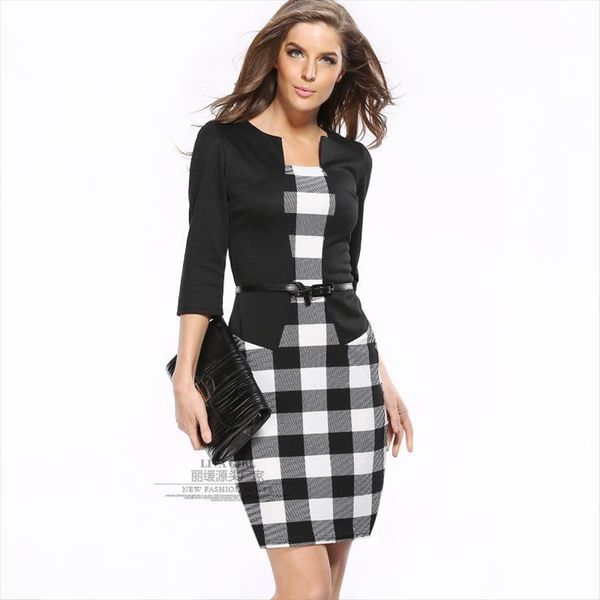 

ol fake two packs women dress hip pencil belt fall models european plaid dresses colorss plus size vestidos hjy708, Black;gray