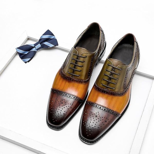 

dress shoes mixed color men genuine wingtip leather oxford pointed toe laces up oxfords brogues wedding business platform, Black