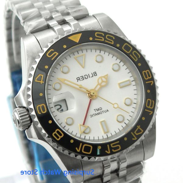 

bliger 40mm automatic mechanical mens watch luxury sapphire crystal ceramic bezel gmt clock luminous waterproof wristwatch men, Slivery;brown
