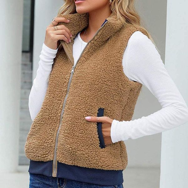 

women's fur & faux women winter artifical vest warm coat zipper pocket gilets waistcoat fashion casual cotton female outwear, Black