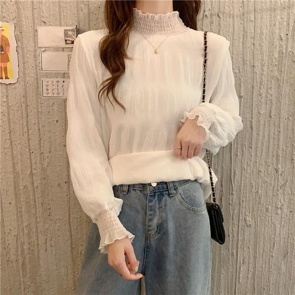 

women's blouses & shirts women lace blouse elegant solid long sleeve white office lady clothing