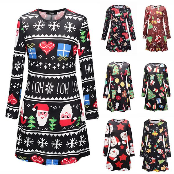 

2021 new casual christmas cartoon print long sleeve autumn winter party vintage women knee-length vestidos robe ya5q, Black;gray