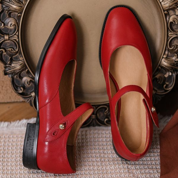

womens genuine leather round toe flats single shoes metal buckle student style soft comfortable mary jane female footwear shoesdress shoes, Black