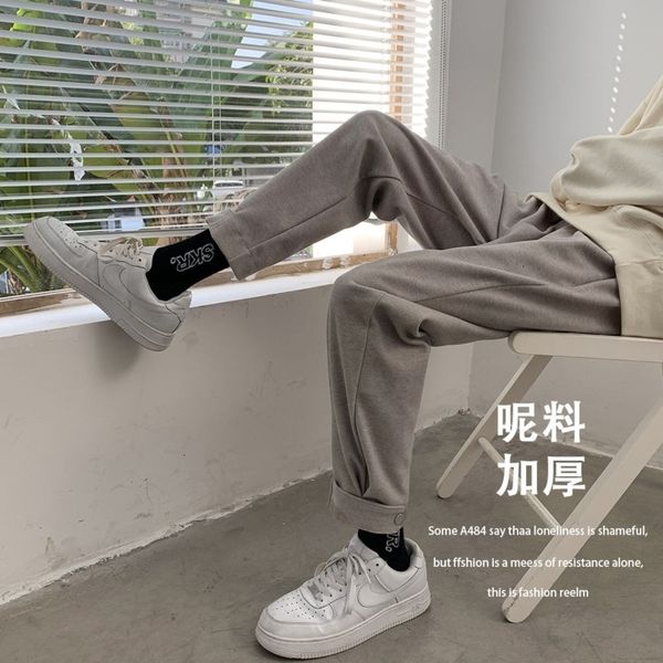 

2021 autumn winter thick woolen men's slim warm fashion casual men streetwear straight leg pants mens trousers jf8h, Black