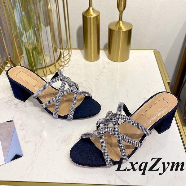 

official website 70% off outlet rhinestone decor slippers square heel shoes narrow band sandals women open toe summer beach luxury brand, Black