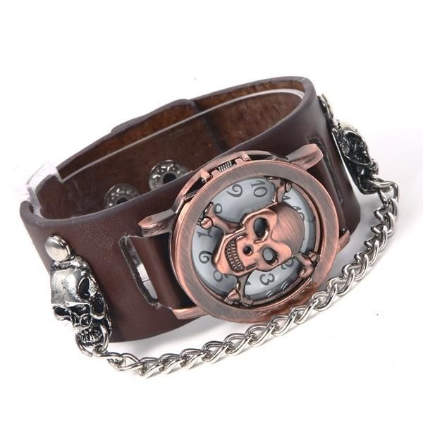 

wristwatches quartz watch cool gift rock punk skull skeleton men lady pu band bangle cuff xrq88, Slivery;brown