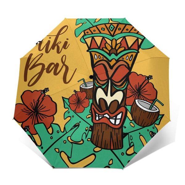 

umbrellas wind resistant fully-automatic umbrella tiki mask beach flowers coconut rain 3 folding parasol travel car