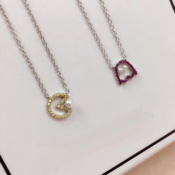 

pendant necklaces xf cute my childhood pac-man eating beans collar necklace zircon pearl pinky women pixel charm wedding, Silver