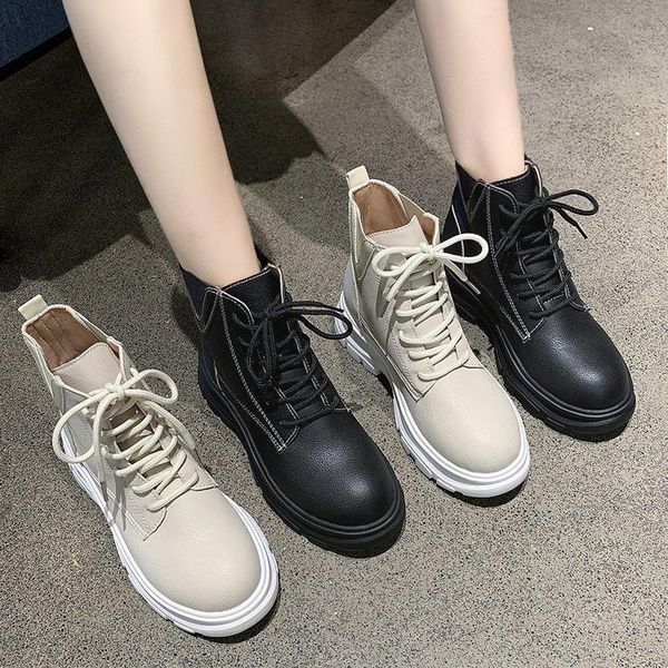 

boots lady brand women's shoes winter footwear boots-women lace up flat heel low heels booties round toe ladies fashion 2021, Black