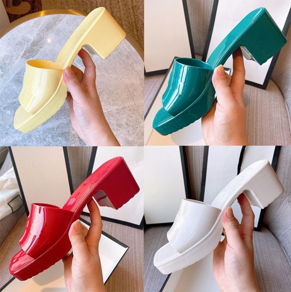 

Women Yellow Rubber Slide Sandals Designer embossed sandals Women Shoes Coarser heel flops Patent leather lady Half slipper High heeled sandals, Red