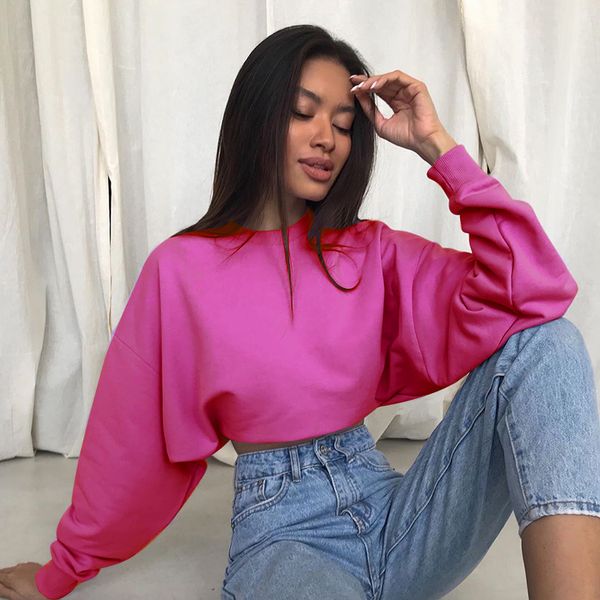 

sweatshirt women cropped pullover hooded autumn casual solid long sleeve o neck 2021 streetwear loose black outfit, White