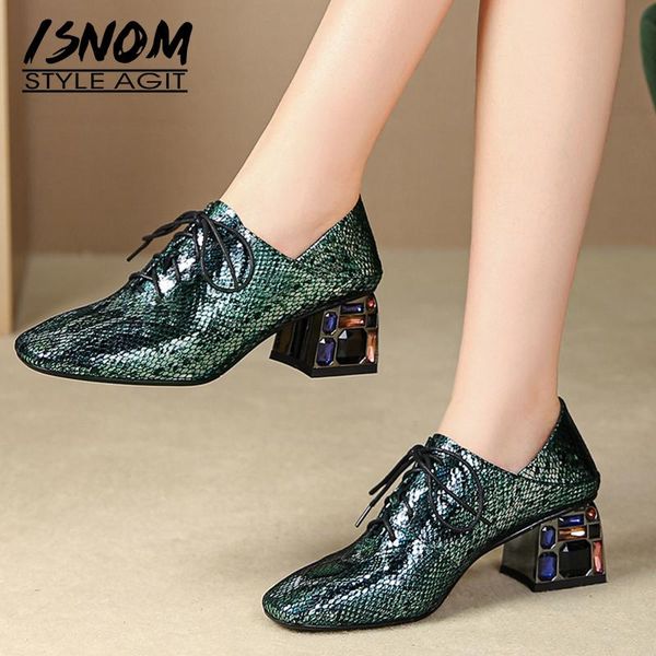 

dress shoes isnom 2021 crystal heels high pumps women lace up emboss sheepskin mules female square toe colorful ladies, Black