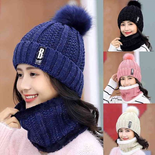 

winter women thick knitted beanie hat warm plush neck gaiter scarf outdoor riding for outdoor shopping cycling snow skiting, Blue;gray