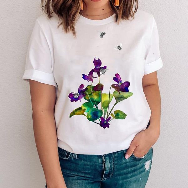 

women graphic style kawaii fashion floral plant flower casual 90s clothes lady tees print clothing female tshirt t-shirt, White