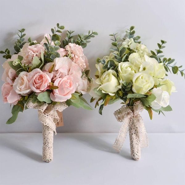

decorative flowers & wreaths wedding bridal bouquet handmade artificial rose eucalyptus leaves bridesmaid holding for party home table decor