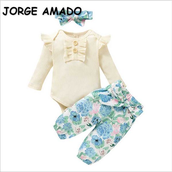 Venda Por Atacado Mola Algodão Bebê Define Waffle Bodysuits de Manga Longa + Calças Florais Hairband 3pcs Outfits E2006183 210610