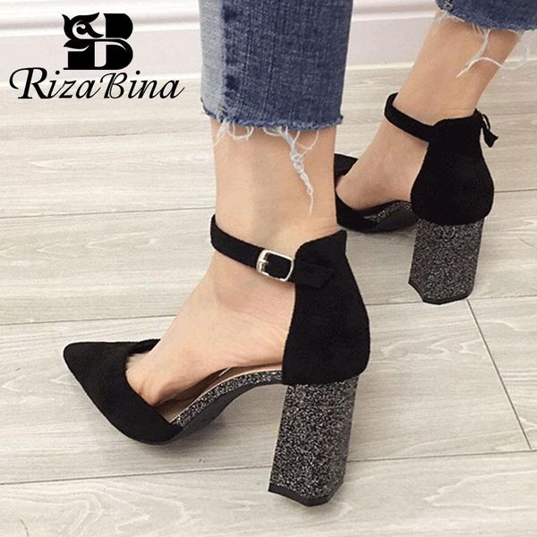 

dress shoes rizabina pointed toe women pumps spring patchwork anklel strap soft leather party wedding footwear size 34-39, Black