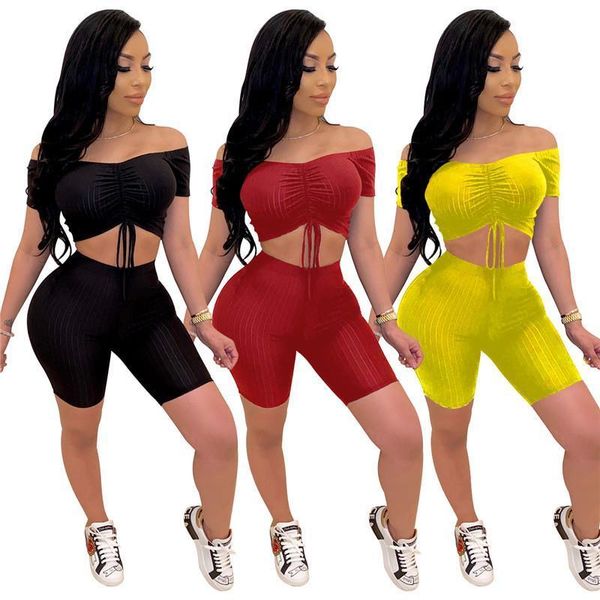 

off shoulder slash neck tracksuit 2pcs suit 2021 women lace-up short sleeve t-shirt crop high waist shorts summer clothes, Gray