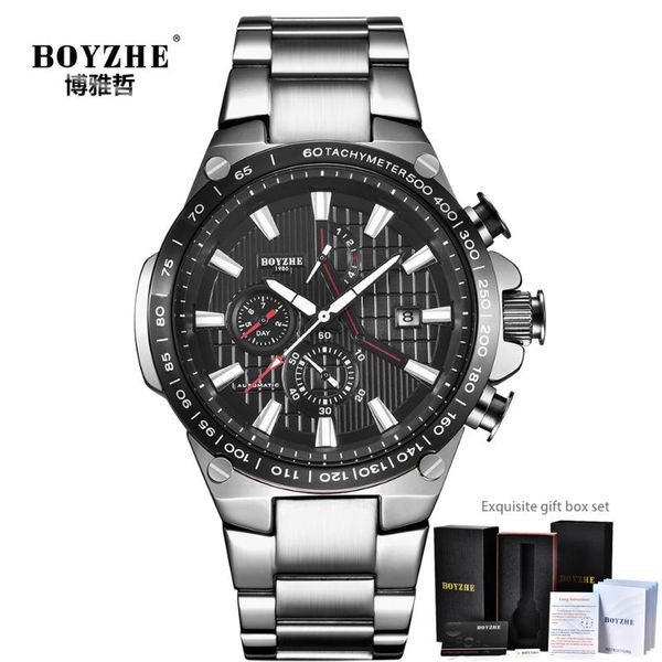 

wristwatches boyzhe chronograph automatic watch men mechanical watches man stainless steel sports montre homme reloj hombre 202, Slivery;brown