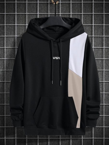 

men color block letter graphic drawstring hoodie w6nd#, Black