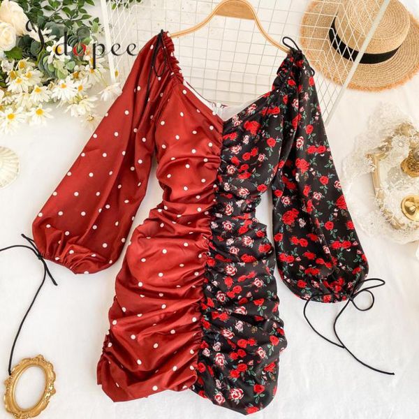 

casual dresses summer dress fashion color matching lantern sleeve pleated beach style v-neck dot floral folds elegant vestidos, Black;gray