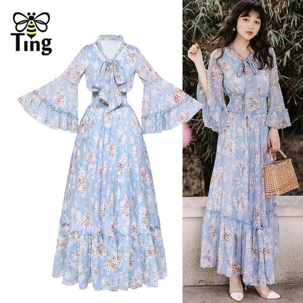 

casual dresses tingfly 2021 summer fashion flare sleeve fairycone floral chiffon maxi long dress elastic high waist cottagecore elbise, Black;gray