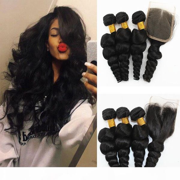 

loose wave brazilian virgin hair bundles with closures natural color peruvian human hair weave with 4x4 hair closure 10-28inch, Black;brown