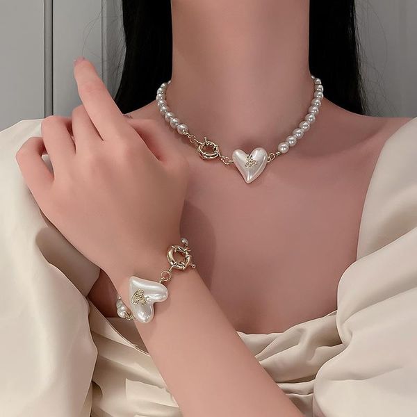 

chokers heart pendant pearl choker necklace for women girls chain necklaces party jewelry love chunky thick female, Golden;silver