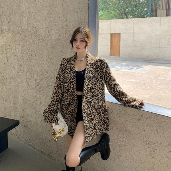 

women's suits & blazers leopard vintage blazer women double breasted autumn long sleeve loose oversized chaquetas de mujer jacket de50x, White;black