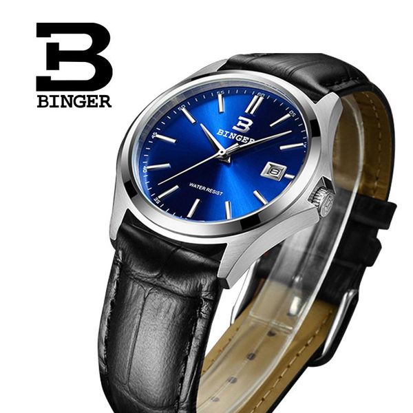 

wristwatches luxury watch men binger brand quartz fashion leather blue mirror waterproof complete calendar relogio masculino, Slivery;brown