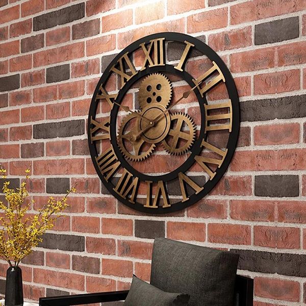 

wall clocks retro clock wooden gear decoration personality roman industrial style living room mute creative