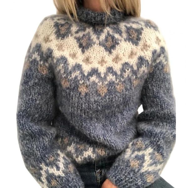 

women's blouses & shirts women turtleneck knitted jacquard weave long sleeve jumper warm pullover female casual loose oversized plus s, White