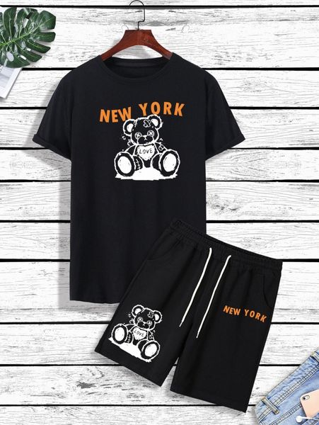 

men bear and letter graphic tee & drawstring waist shorts 94zk#, Gray