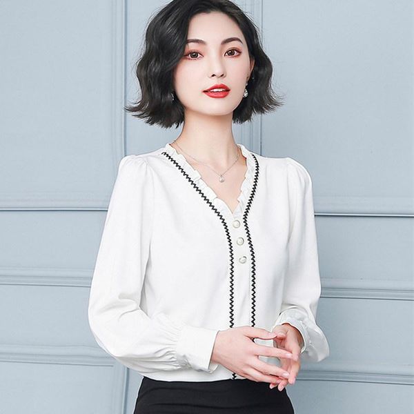 

women's blouses & shirts korea chiffon shirt v-neck white long sleeve