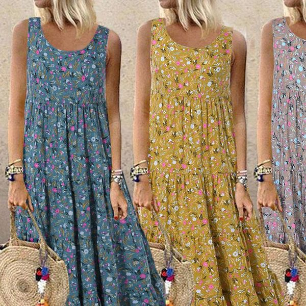 

summer new fashion women bohemian plus size casual loose sleeveless floral daily linen print a line long maxi dress z4, Black;gray