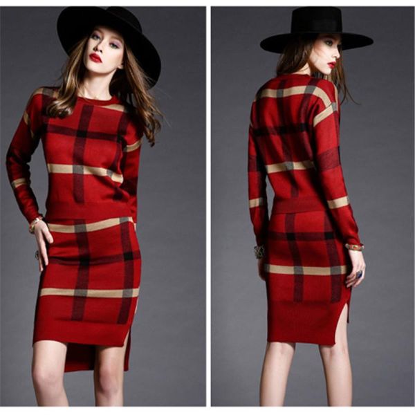 

two piece dress european style fashion women knitted 2 set long sleeve coarse stripe sweater pullover+split type midi skirts, White