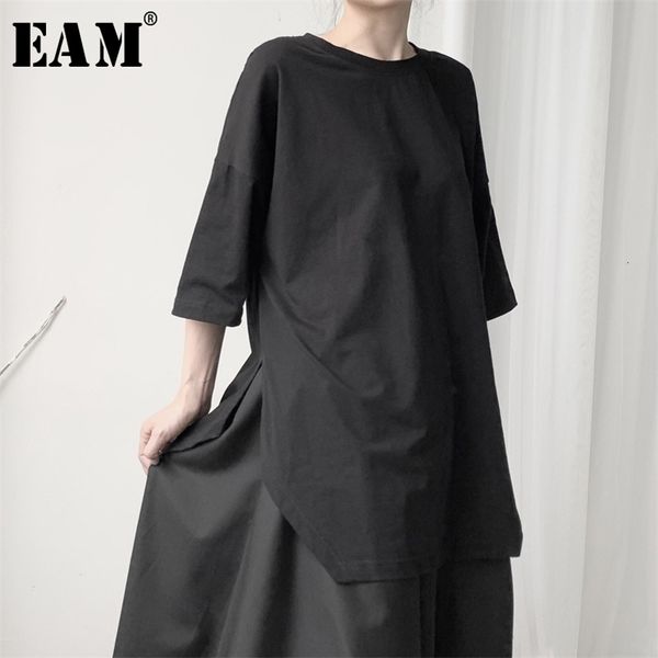 

[eam] women black hem vent big size t-shirt new round neck three-quarter sleeve fashion tide spring autumn 19a-a628 210315, White
