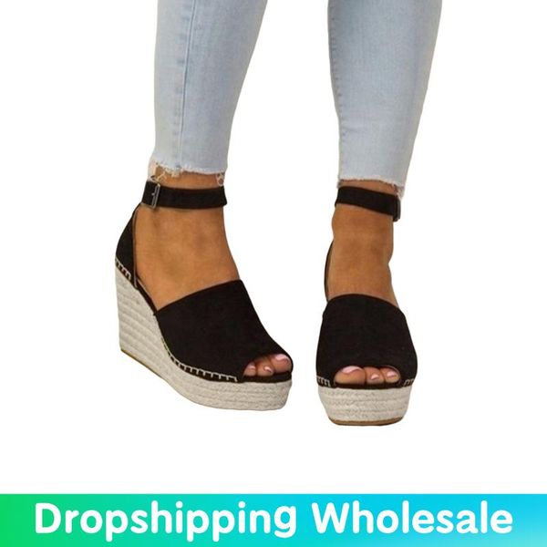 

sandals women wedge platform summer slip on ladies high heels shoes fashion peep sewing toe casual female footwear 2021, Black